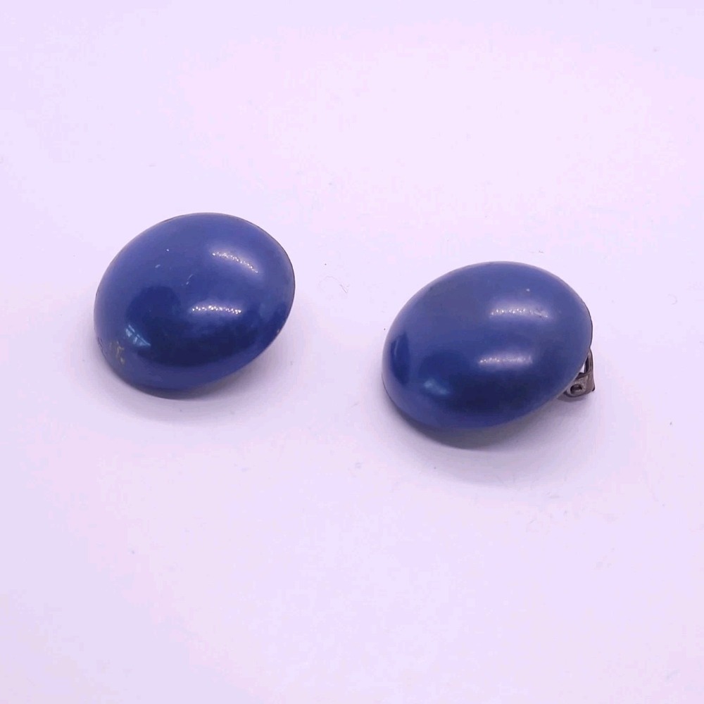 Vintage Cobalt Blue Domed Cabochon Clip-On Earrings Silver Tone Statement